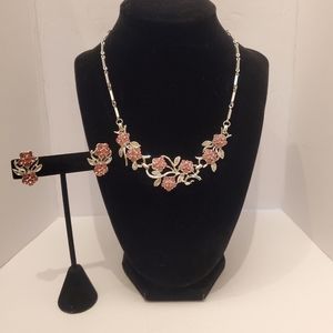 Coro Pink Rhinestone Floral Motif Necklace